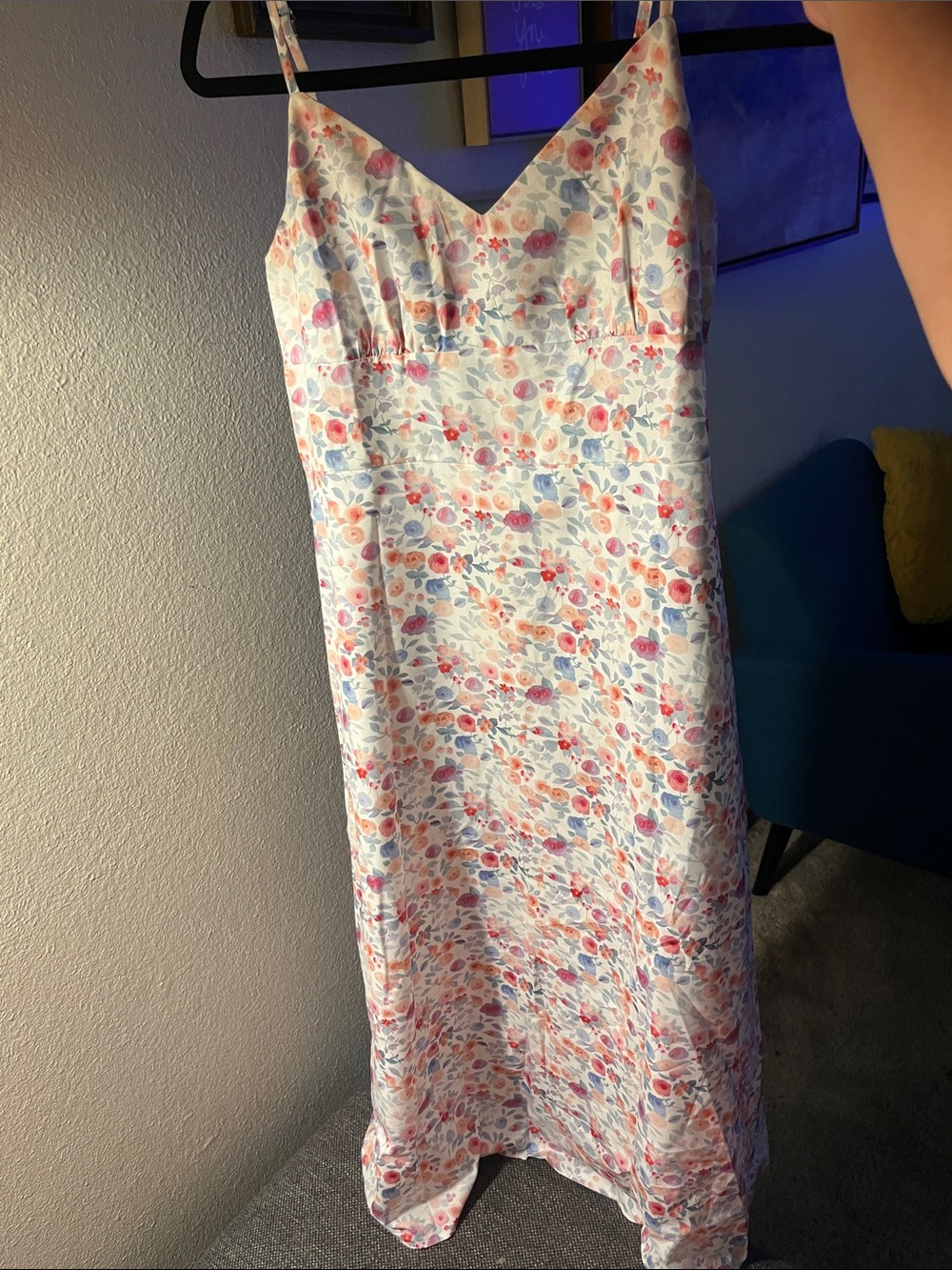 Floral Slip Maxi Dress in White with Pink & Blue Accents